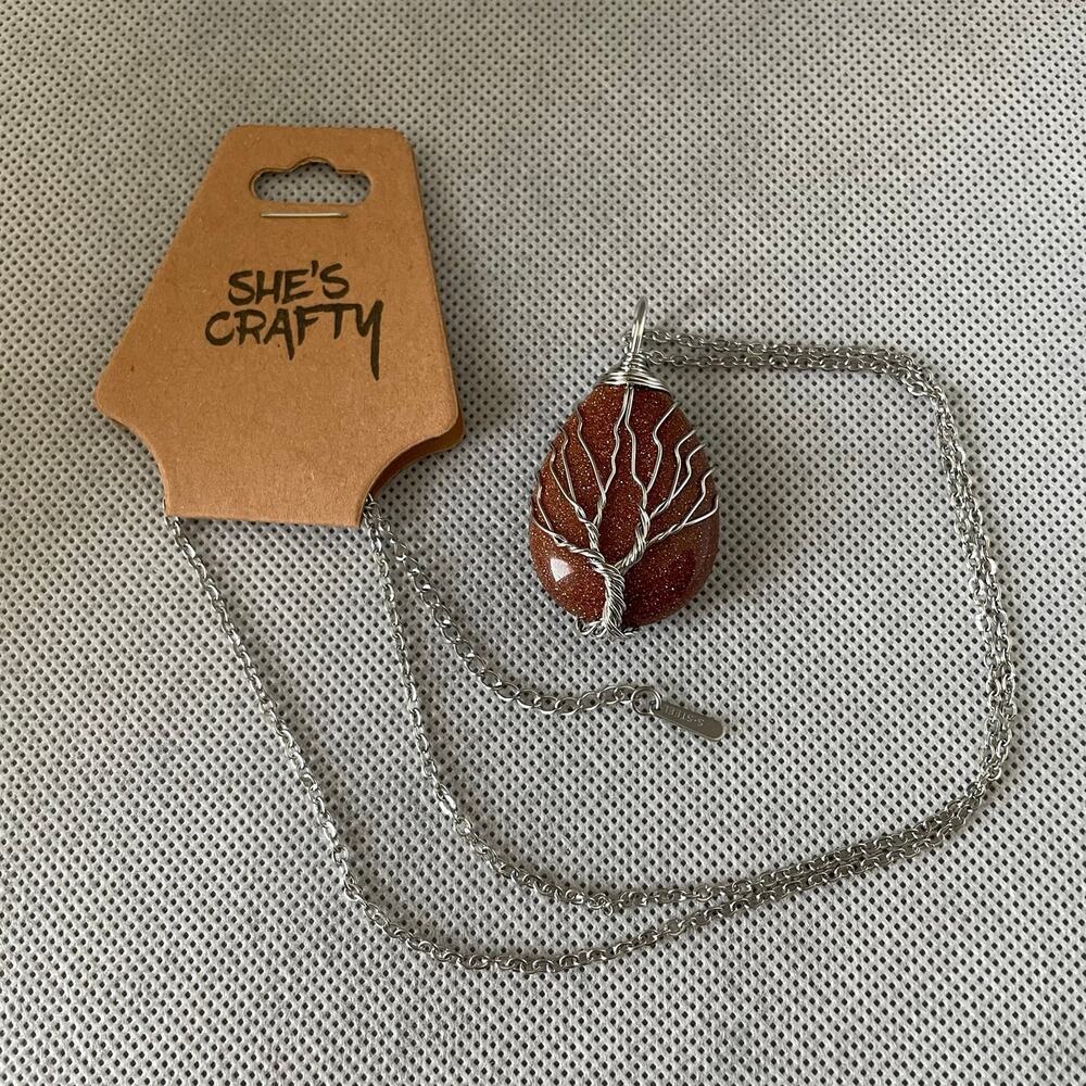 Tree Of Life Necklace Teardrop Goldstone & Stainless Steel